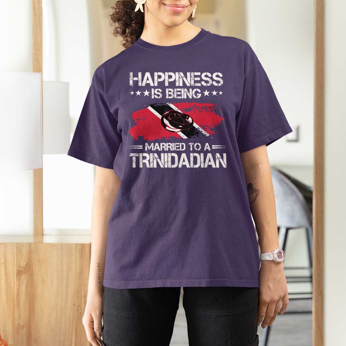 Happiness Is Being Married to a Trinidadian T Shirt For Women Trinidad & Tobago Flag Couples Gift - Wonder Print Shop
