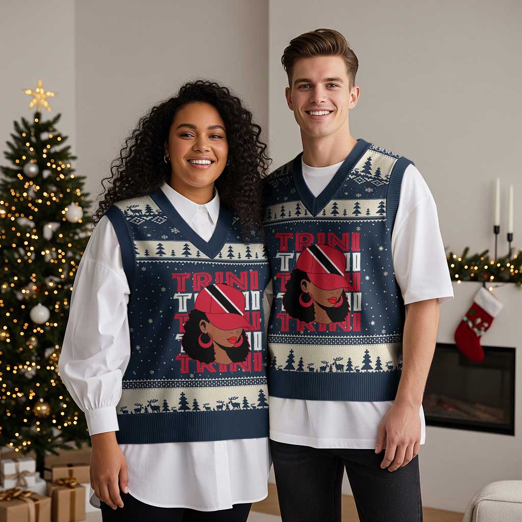 Proud Trini Afro Black Woman V-Neck Knit Sweater Vest Trinidad and Tobago Flag Pride - Wonder Print Shop