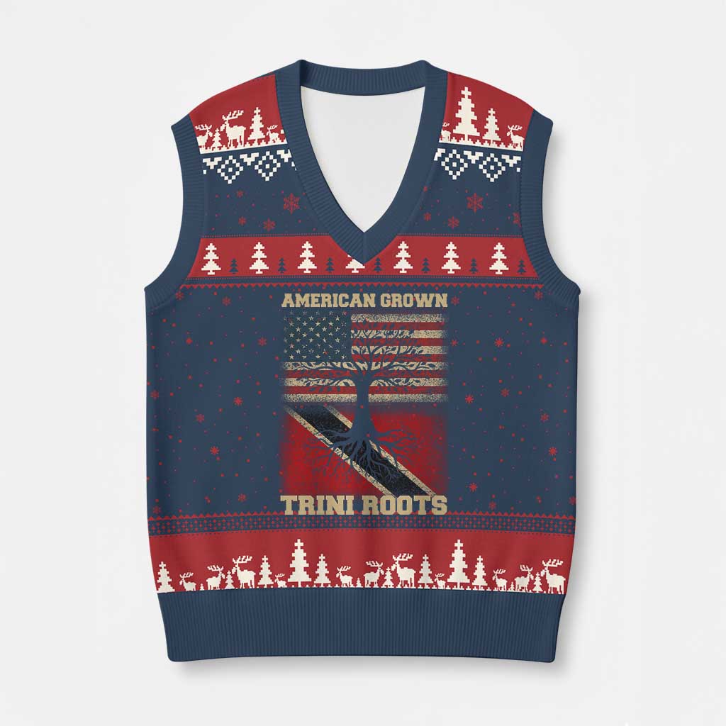 American Grown Trini Roots V-Neck Knit Sweater Vest Trinidad and Tobago USA Flag Trinidadian Proud Us - Wonder Print Shop