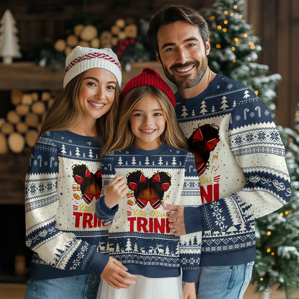 Little Miss Trinidad And Tobago Ugly Christmas Sweater Afro Black Messy Bun Girl Trini Flag Bow