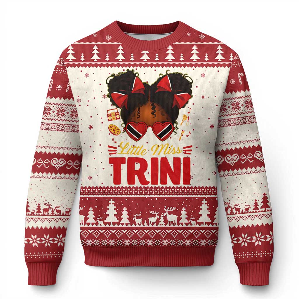 Little Miss Trinidad And Tobago Ugly Christmas Sweater Afro Black Messy Bun Girl Trini Flag Bow
