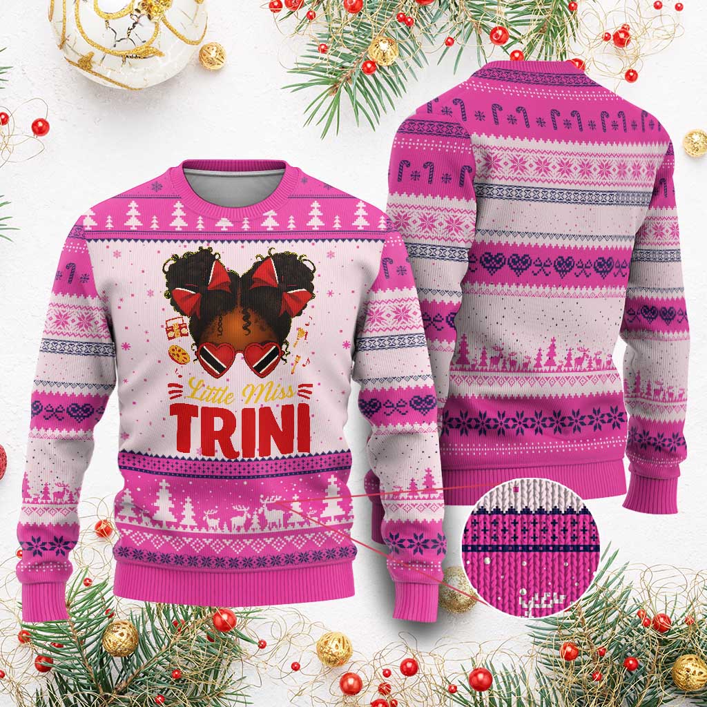 Little Miss Trinidad And Tobago Ugly Christmas Sweater Afro Black Messy Bun Girl Trini Flag Bow