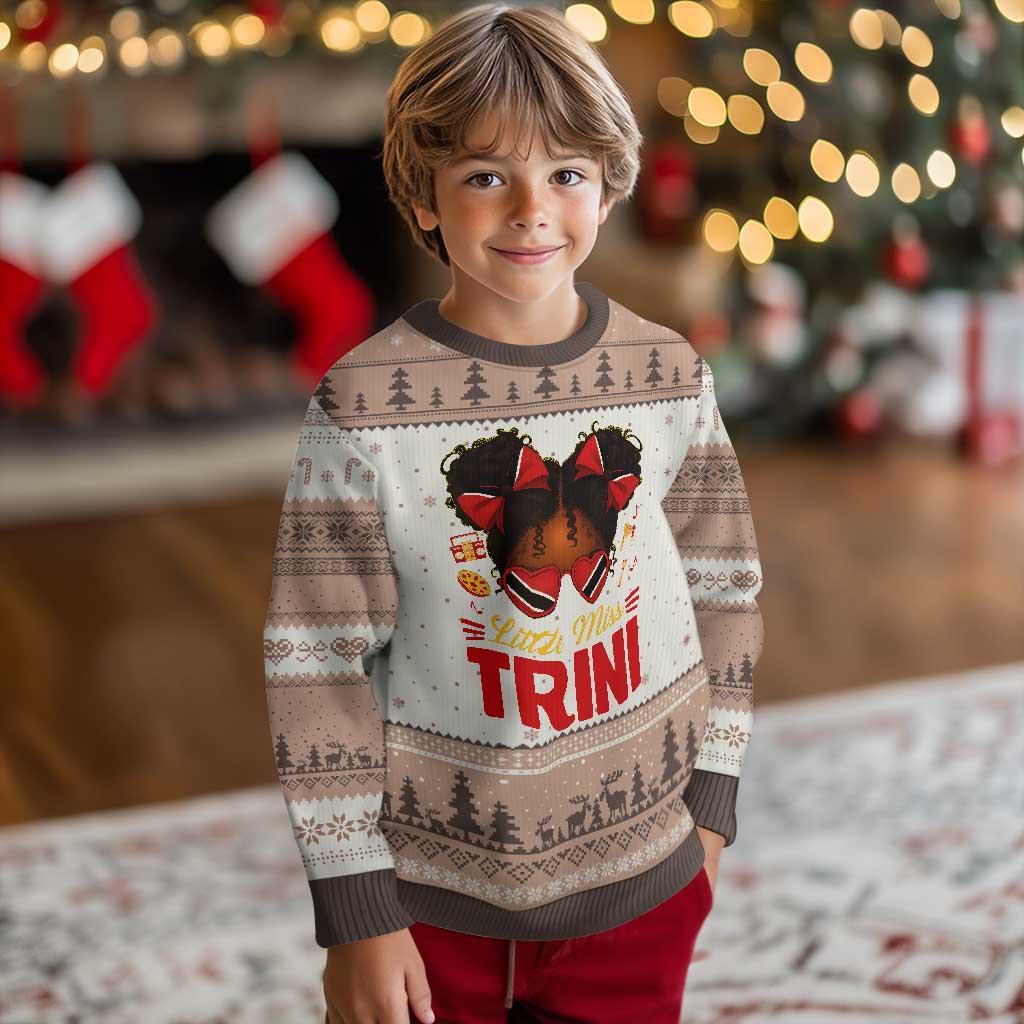 Little Miss Trinidad And Tobago Ugly Christmas Sweater Afro Black Messy Bun Girl Trini Flag Bow