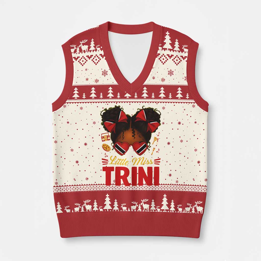 Little Miss Trinidad And Tobago V-Neck Knit Sweater Vest Afro Black Messy Bun Girl Trini Flag Bow