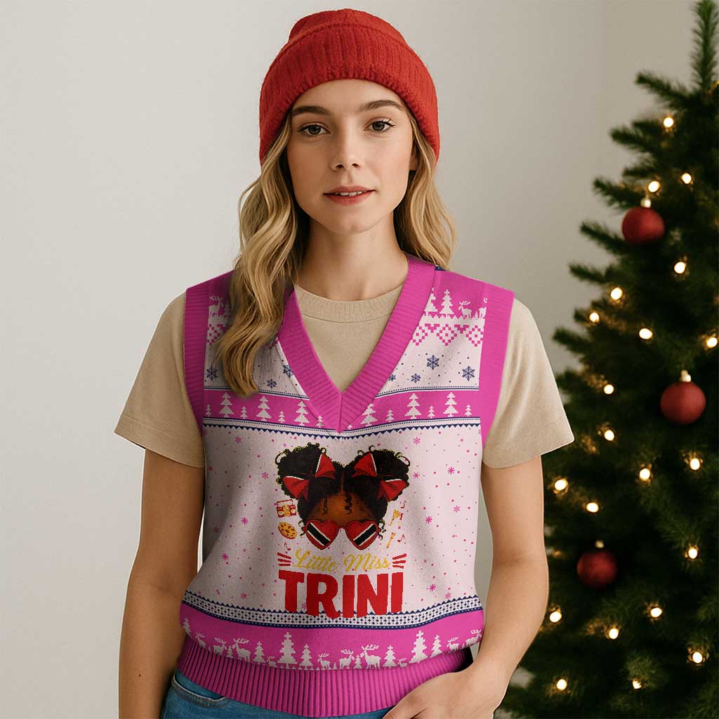 Little Miss Trinidad And Tobago V-Neck Knit Sweater Vest Afro Black Messy Bun Girl Trini Flag Bow