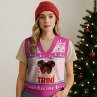 Little Miss Trinidad And Tobago V-Neck Knit Sweater Vest Afro Black Messy Bun Girl Trini Flag Bow