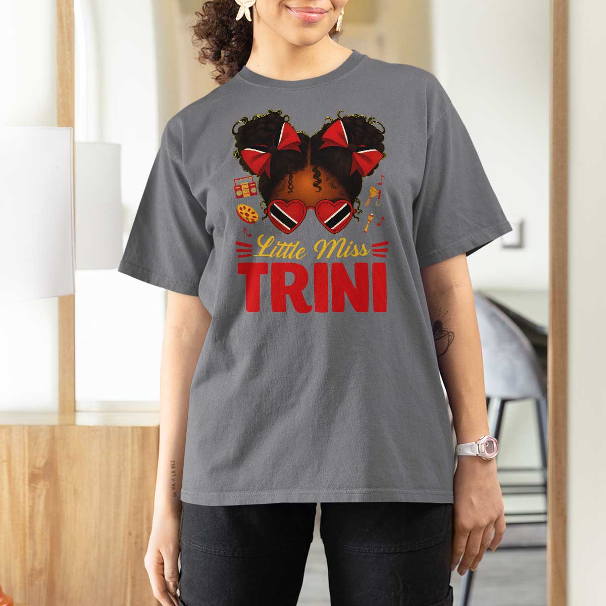 Little Miss Trinidad And Tobago T Shirt For Women Afro Black Messy Bun Girl Trini Flag Bow
