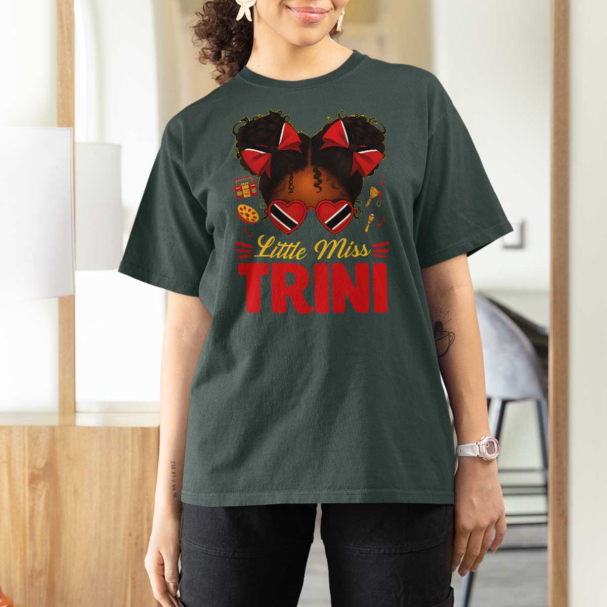 Little Miss Trinidad And Tobago T Shirt For Women Afro Black Messy Bun Girl Trini Flag Bow
