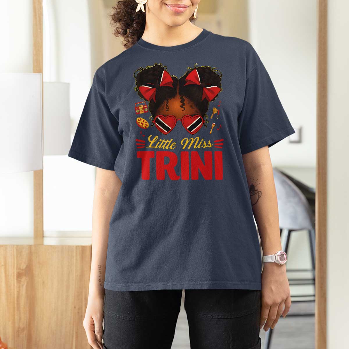 Little Miss Trinidad And Tobago T Shirt For Women Afro Black Messy Bun Girl Trini Flag Bow