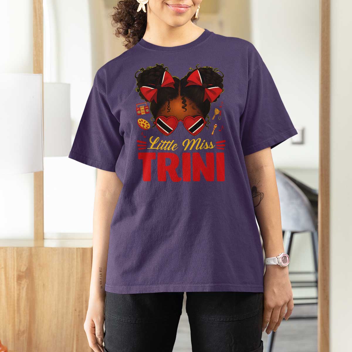 Little Miss Trinidad And Tobago T Shirt For Women Afro Black Messy Bun Girl Trini Flag Bow