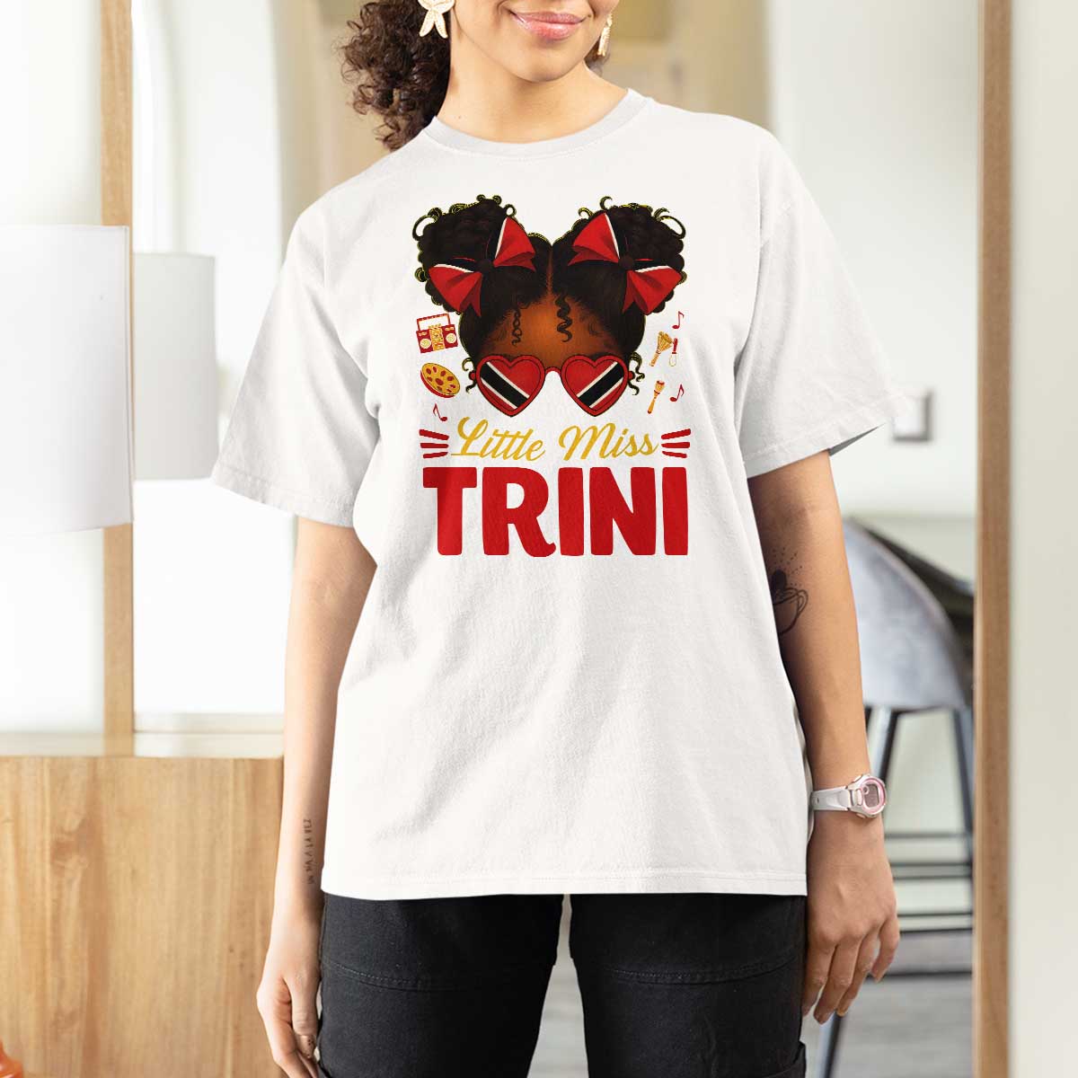 Little Miss Trinidad And Tobago T Shirt For Women Afro Black Messy Bun Girl Trini Flag Bow