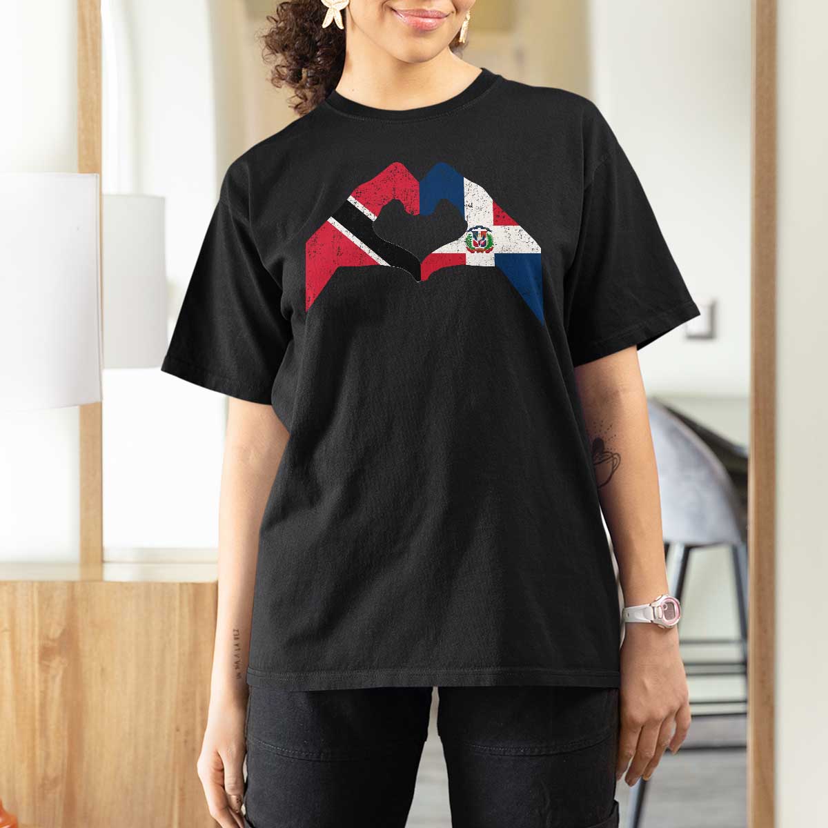 Trinidad and Tobago Dominican T Shirt For Women Two Flags One Heart