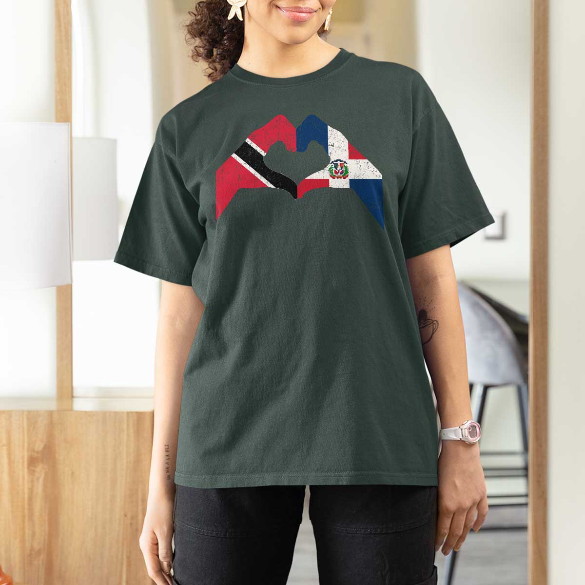 Trinidad and Tobago Dominican T Shirt For Women Two Flags One Heart