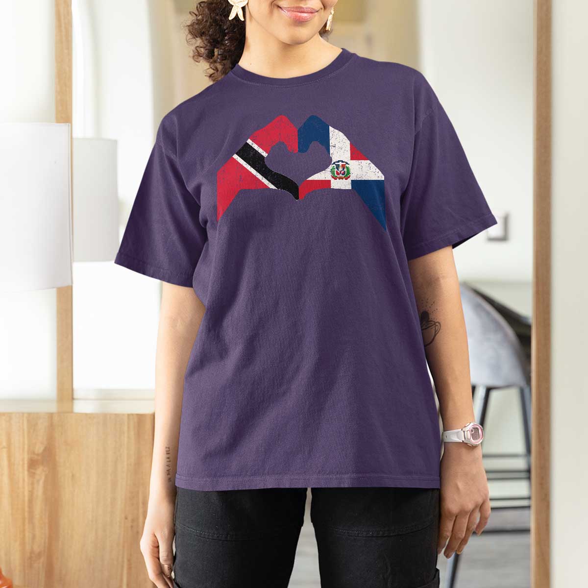 Trinidad and Tobago Dominican T Shirt For Women Two Flags One Heart