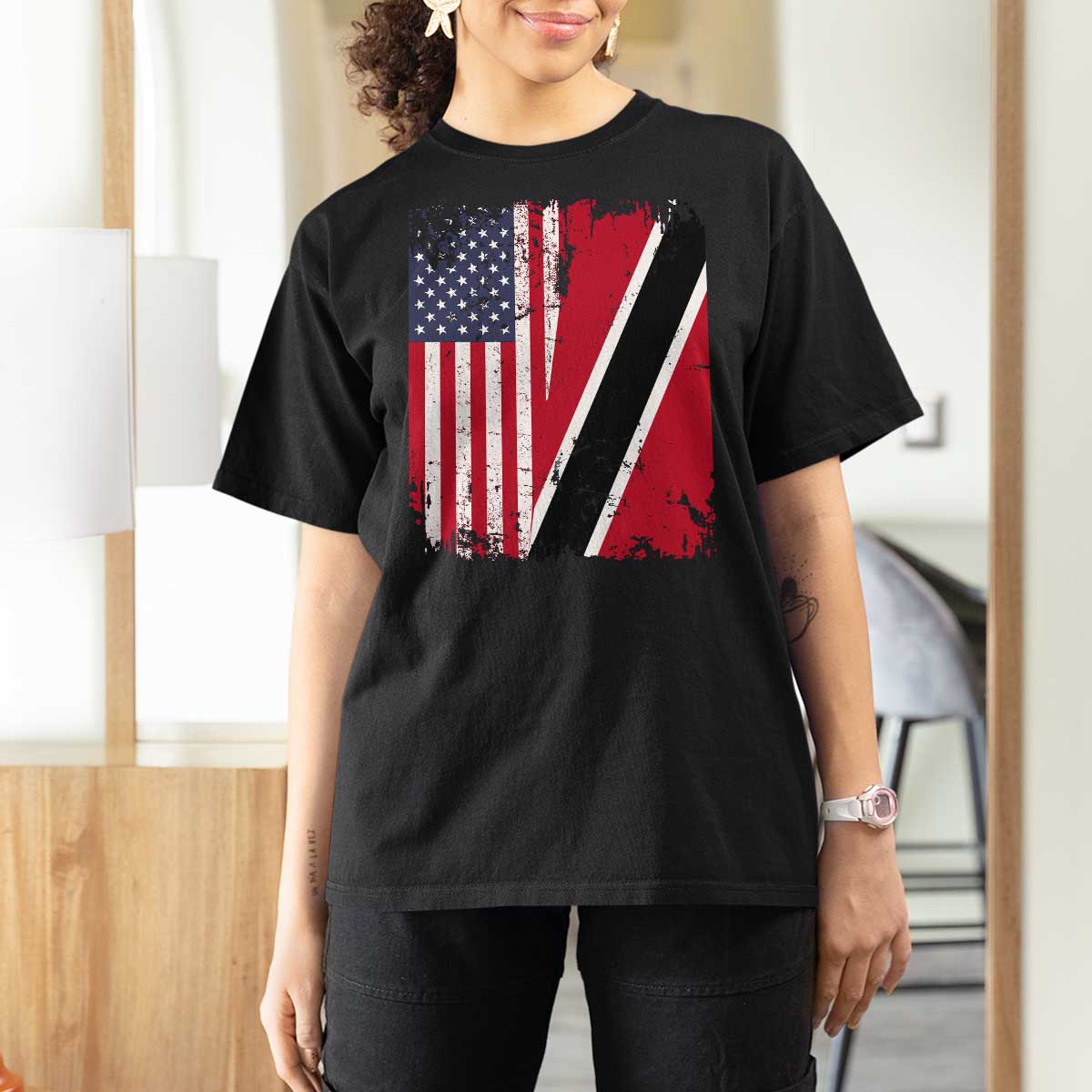 USA Trinidad and Tobago T Shirt For Women Retro Vintage American Trini Pride Flag