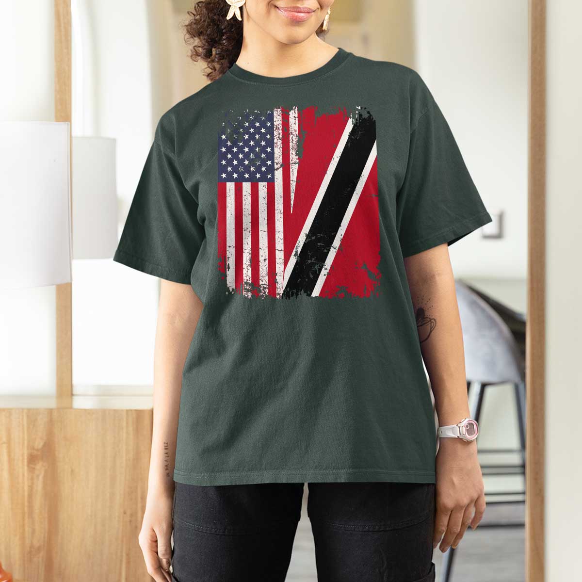 USA Trinidad and Tobago T Shirt For Women Retro Vintage American Trini Pride Flag