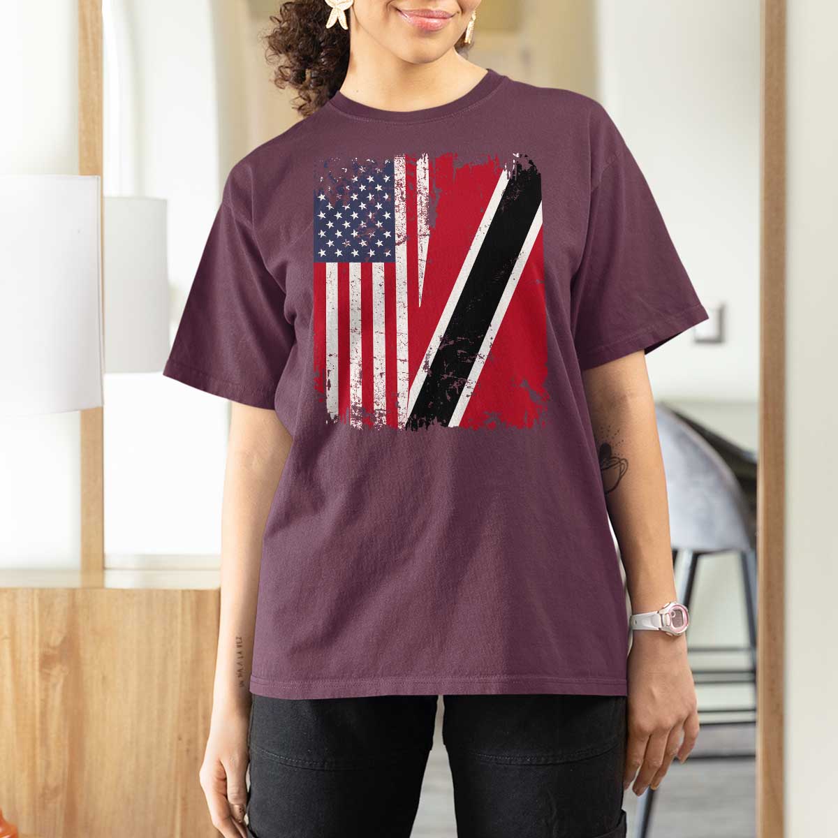 USA Trinidad and Tobago T Shirt For Women Retro Vintage American Trini Pride Flag
