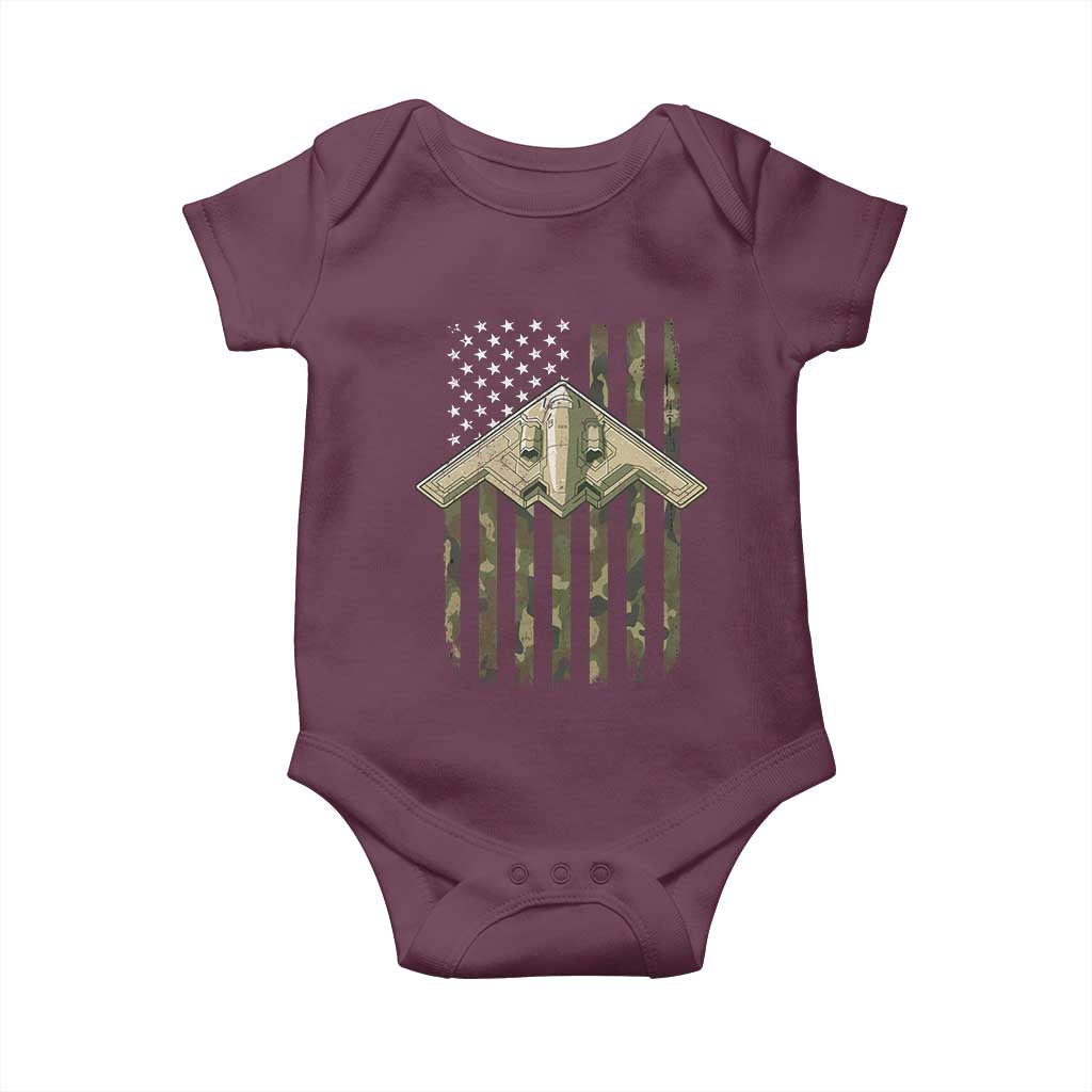 Retro Camo B2 Spirit Baby Onesie B-2 Bomber Stealth Aircraft Camouflage US Flag Patriotic - Wonder Print Shop