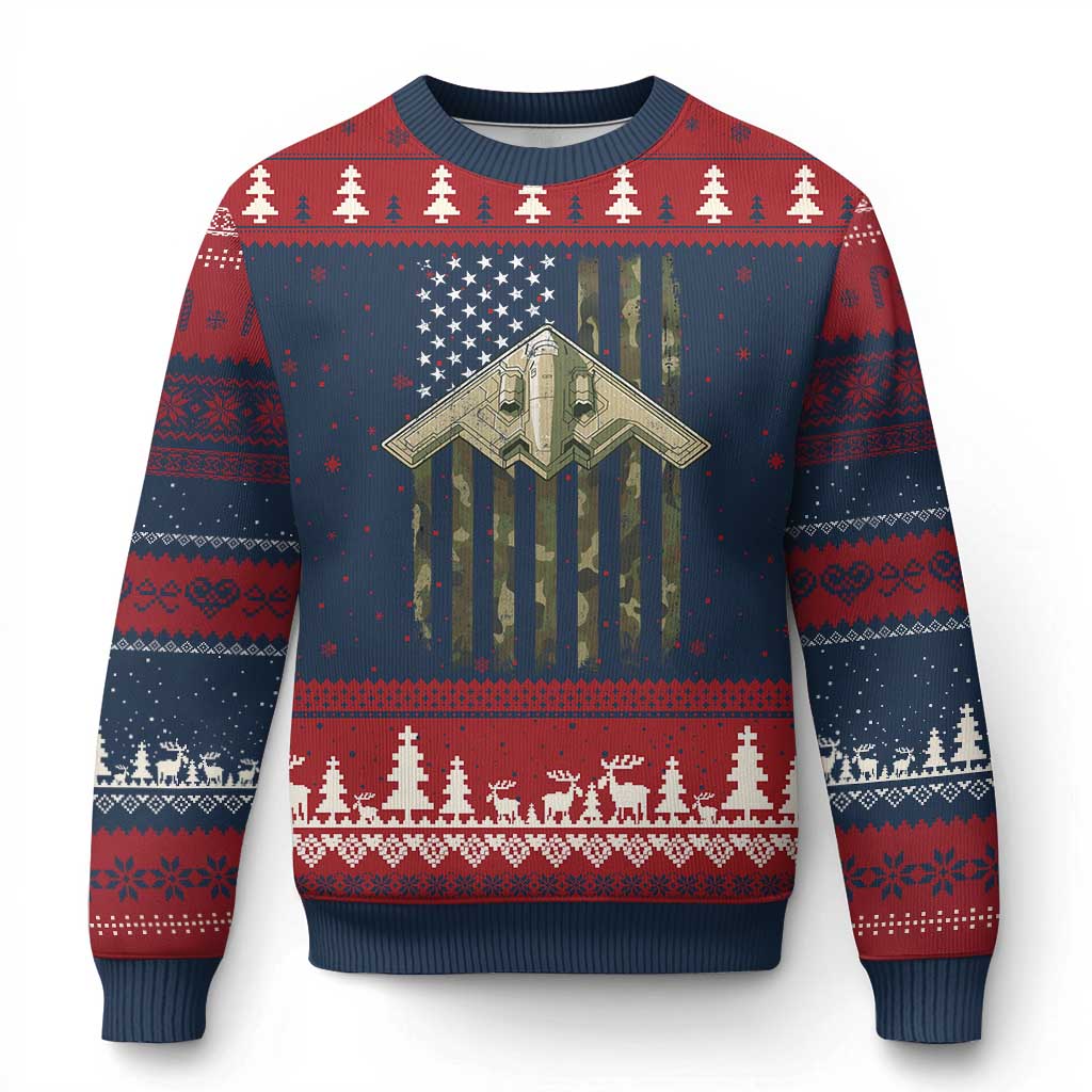 Retro Camo B2 Spirit Ugly Christmas Sweater B-2 Bomber Stealth Aircraft Camouflage US Flag Patriotic - Wonder Print Shop