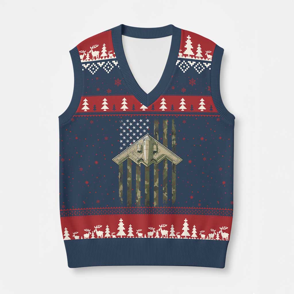 Retro Camo B2 Spirit V-Neck Knit Sweater Vest B-2 Bomber Stealth Aircraft Camouflage US Flag Patriotic - Wonder Print Shop