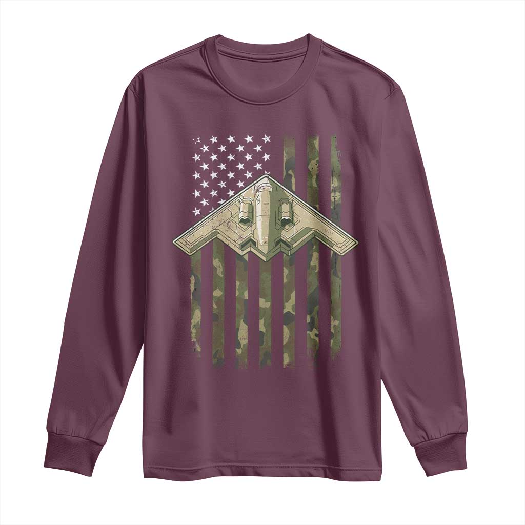 Retro Camo B2 Spirit Long Sleeve Shirt B-2 Bomber Stealth Aircraft Camouflage US Flag Patriotic - Wonder Print Shop