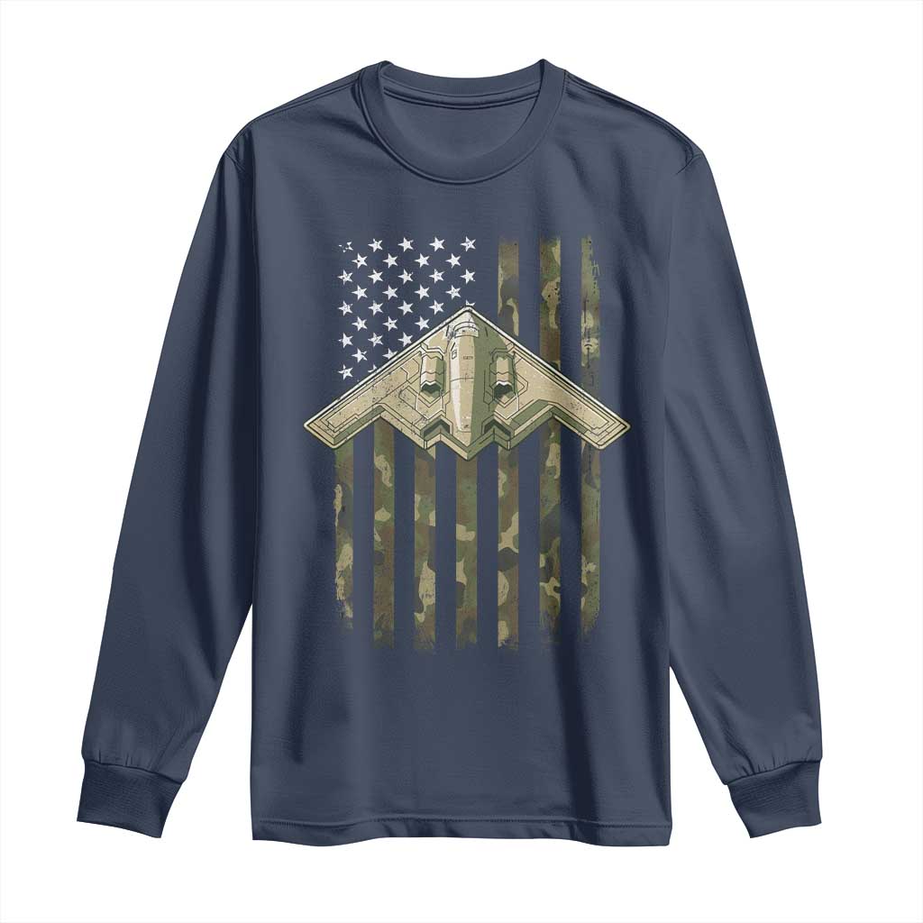 Retro Camo B2 Spirit Long Sleeve Shirt B-2 Bomber Stealth Aircraft Camouflage US Flag Patriotic - Wonder Print Shop