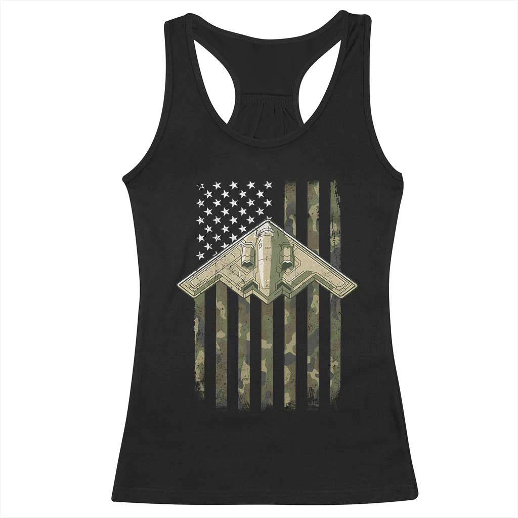 Retro Camo B2 Spirit Racerback Tank Top B-2 Bomber Stealth Aircraft Camouflage US Flag Patriotic - Wonder Print Shop
