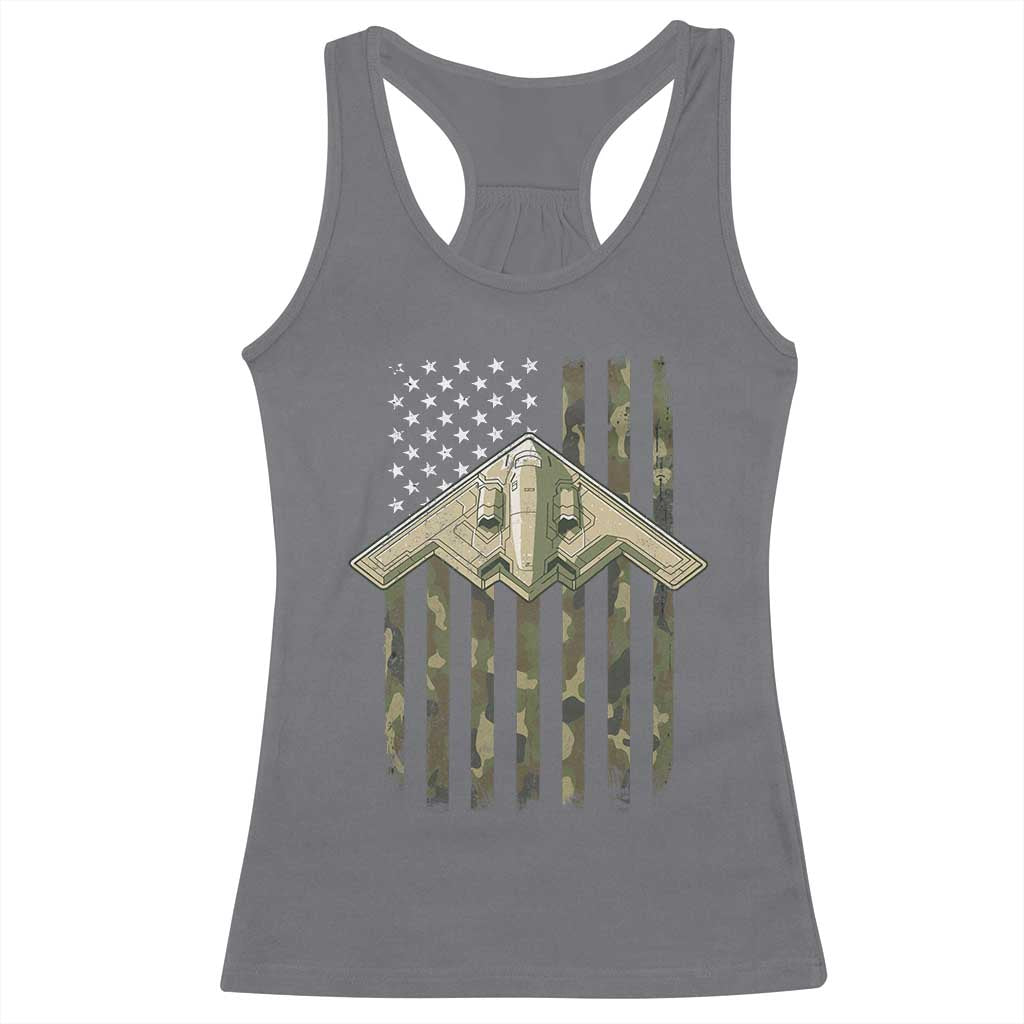 Retro Camo B2 Spirit Racerback Tank Top B-2 Bomber Stealth Aircraft Camouflage US Flag Patriotic - Wonder Print Shop