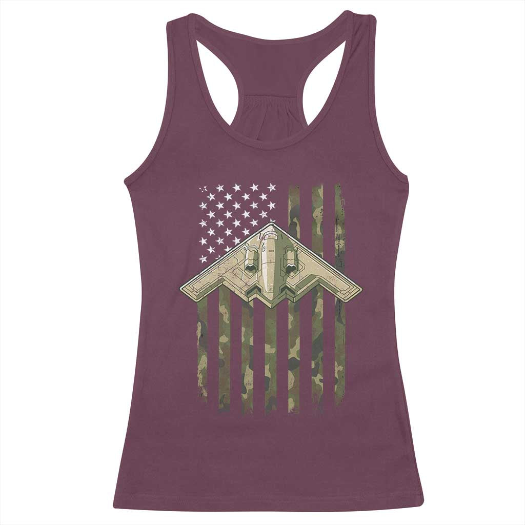Retro Camo B2 Spirit Racerback Tank Top B-2 Bomber Stealth Aircraft Camouflage US Flag Patriotic - Wonder Print Shop