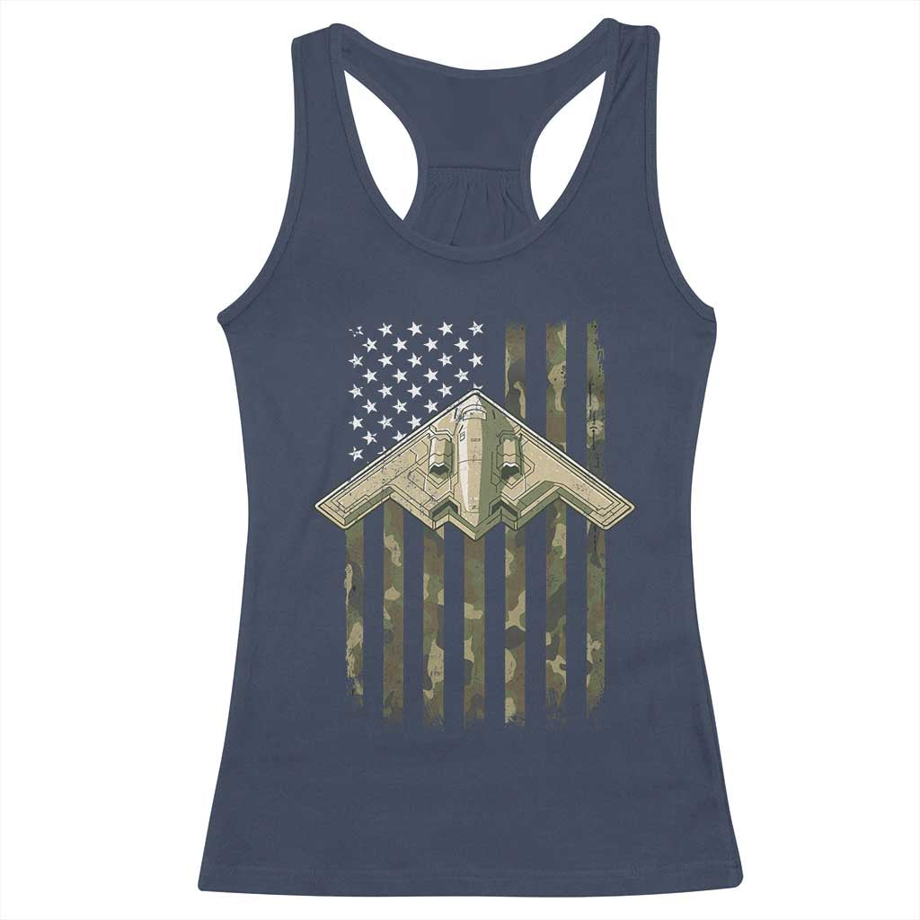 Retro Camo B2 Spirit Racerback Tank Top B-2 Bomber Stealth Aircraft Camouflage US Flag Patriotic - Wonder Print Shop