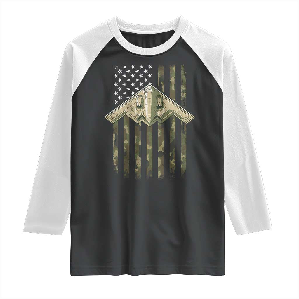 Retro Camo B2 Spirit Raglan Shirt B-2 Bomber Stealth Aircraft Camouflage US Flag Patriotic - Wonder Print Shop