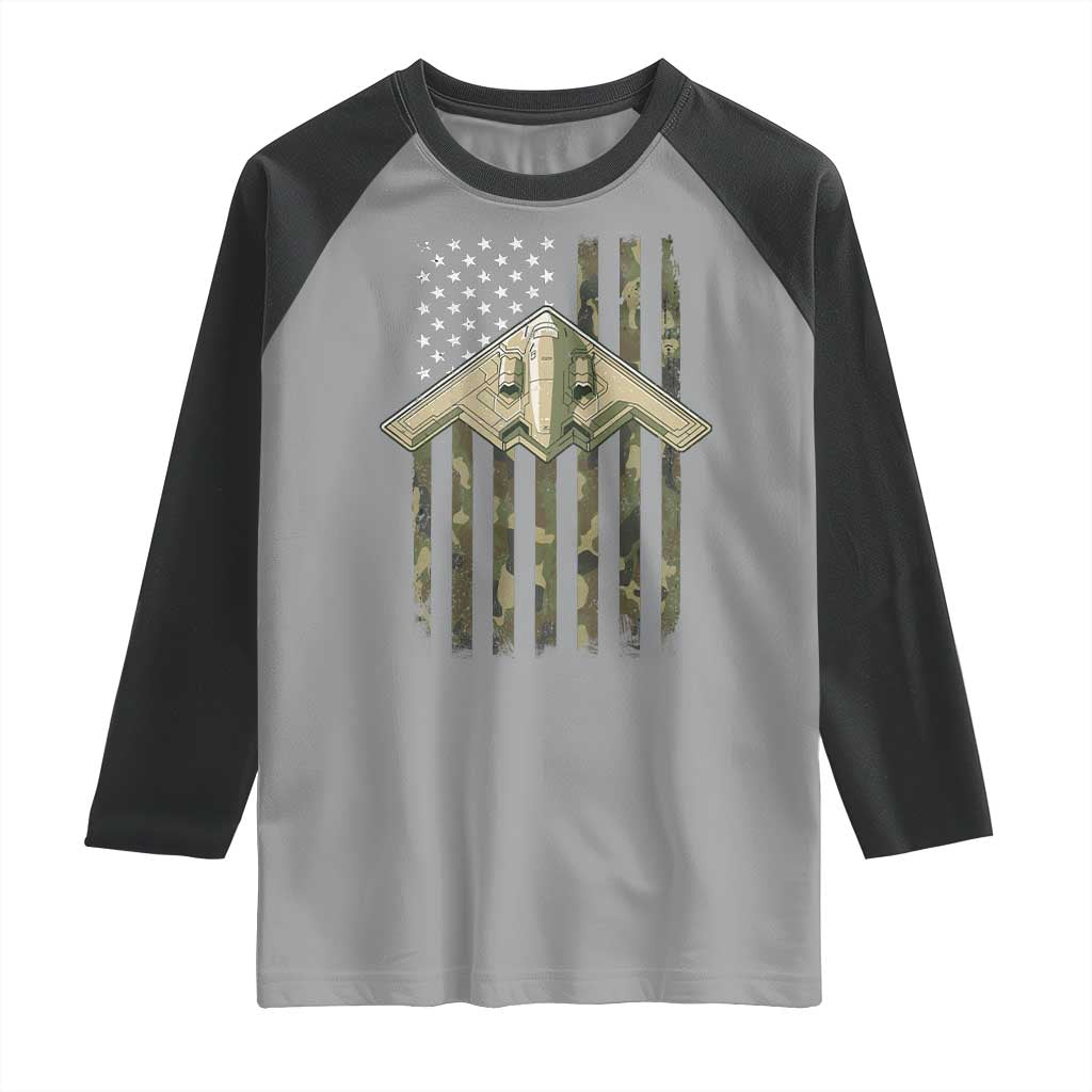 Retro Camo B2 Spirit Raglan Shirt B-2 Bomber Stealth Aircraft Camouflage US Flag Patriotic - Wonder Print Shop