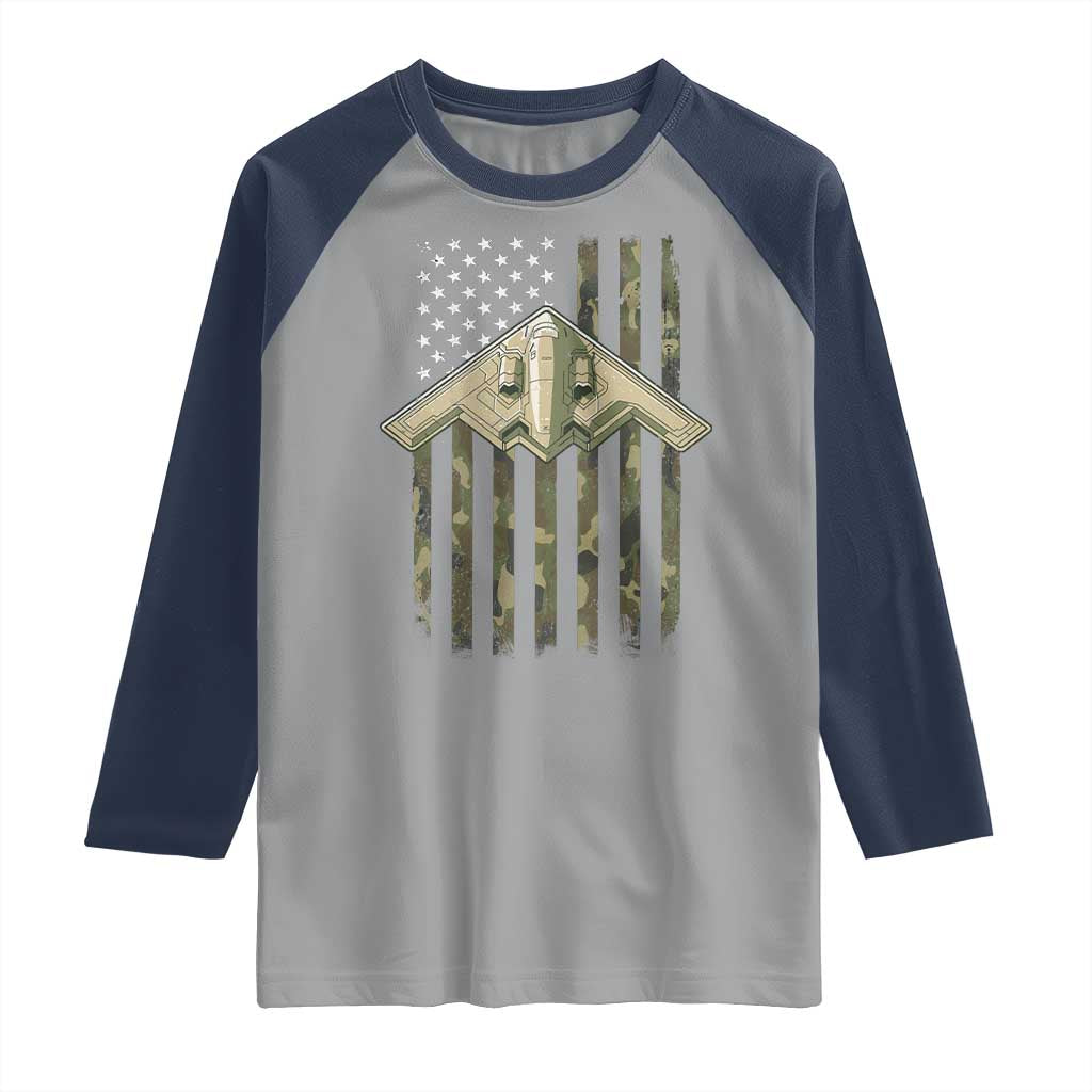 Retro Camo B2 Spirit Raglan Shirt B-2 Bomber Stealth Aircraft Camouflage US Flag Patriotic - Wonder Print Shop