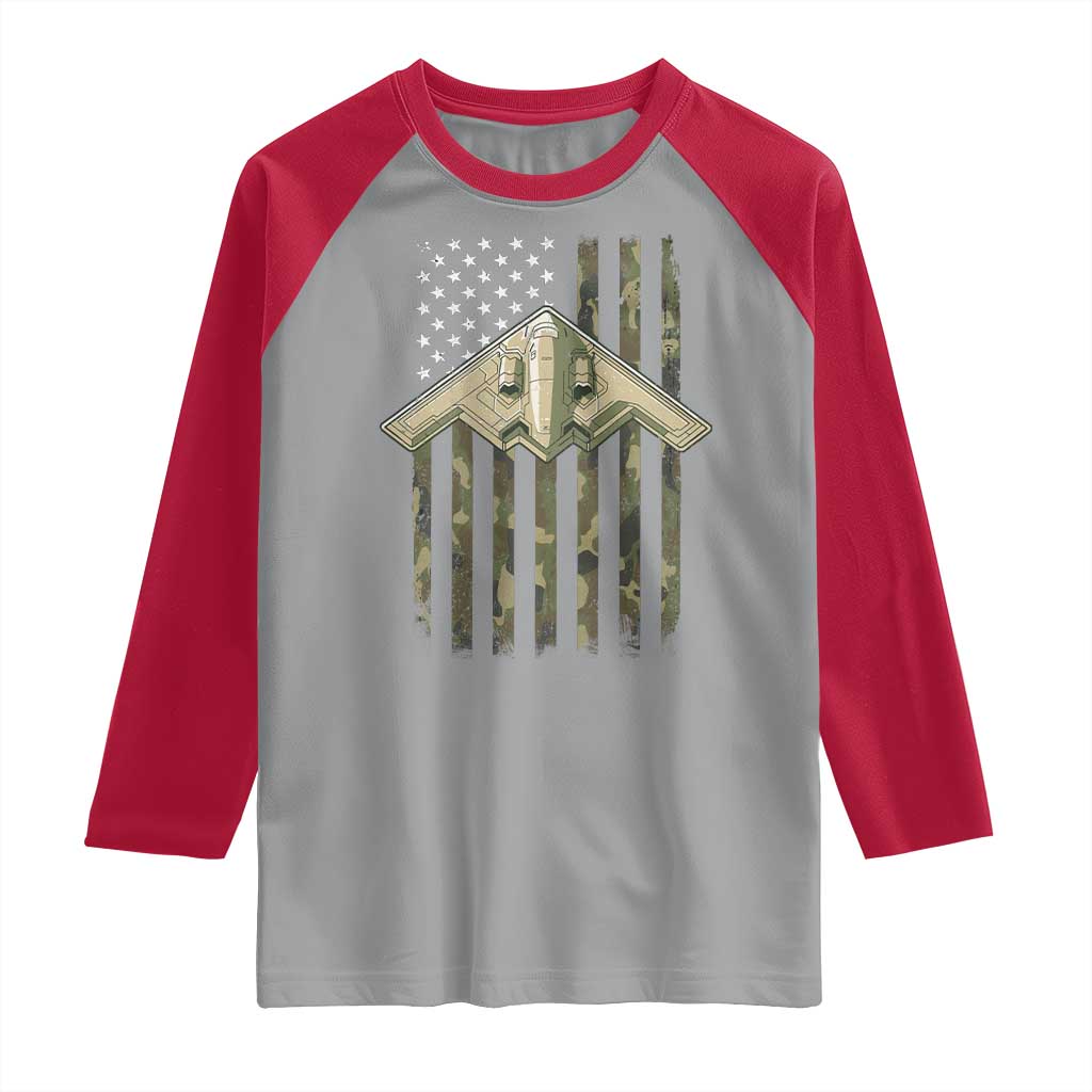 Retro Camo B2 Spirit Raglan Shirt B-2 Bomber Stealth Aircraft Camouflage US Flag Patriotic - Wonder Print Shop