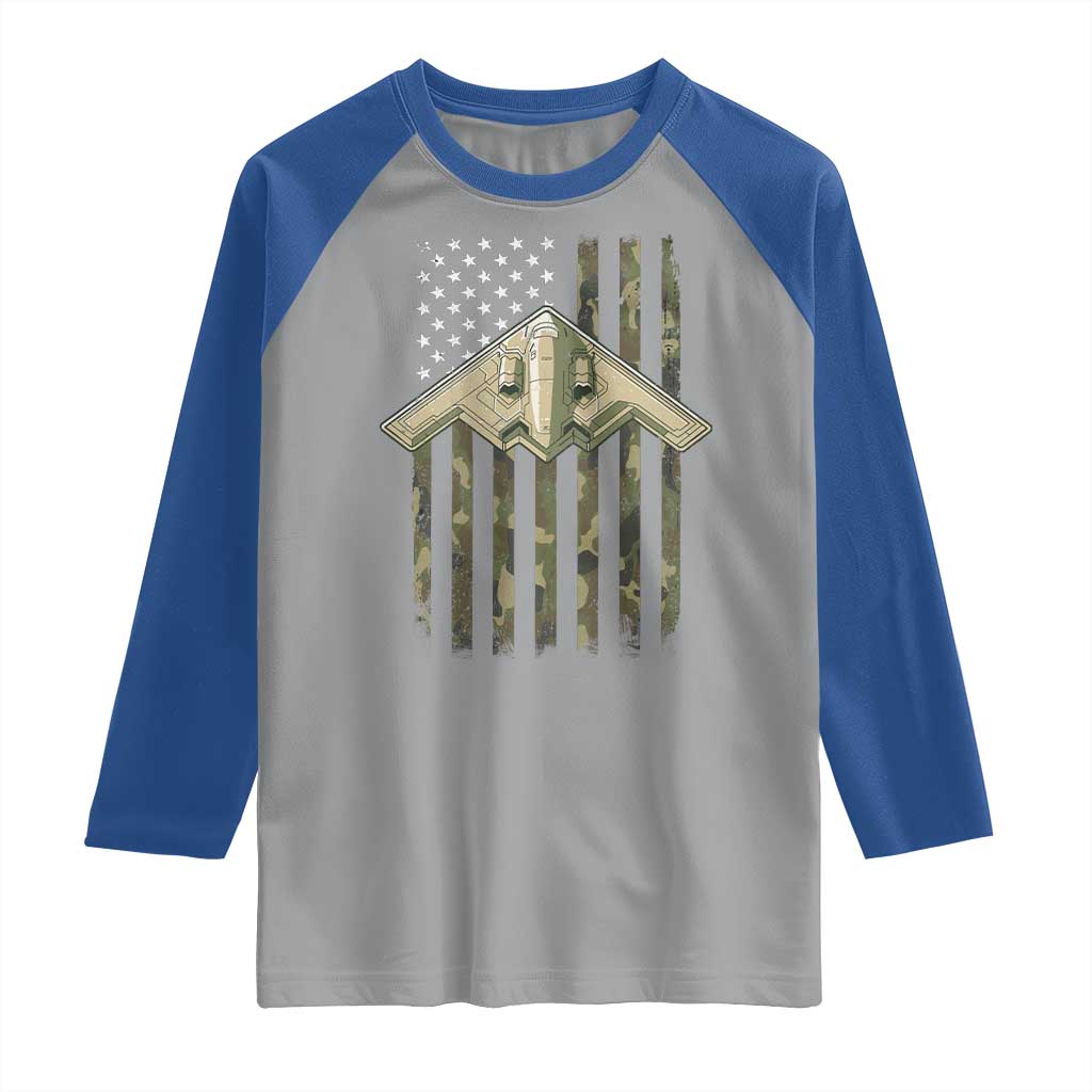 Retro Camo B2 Spirit Raglan Shirt B-2 Bomber Stealth Aircraft Camouflage US Flag Patriotic - Wonder Print Shop