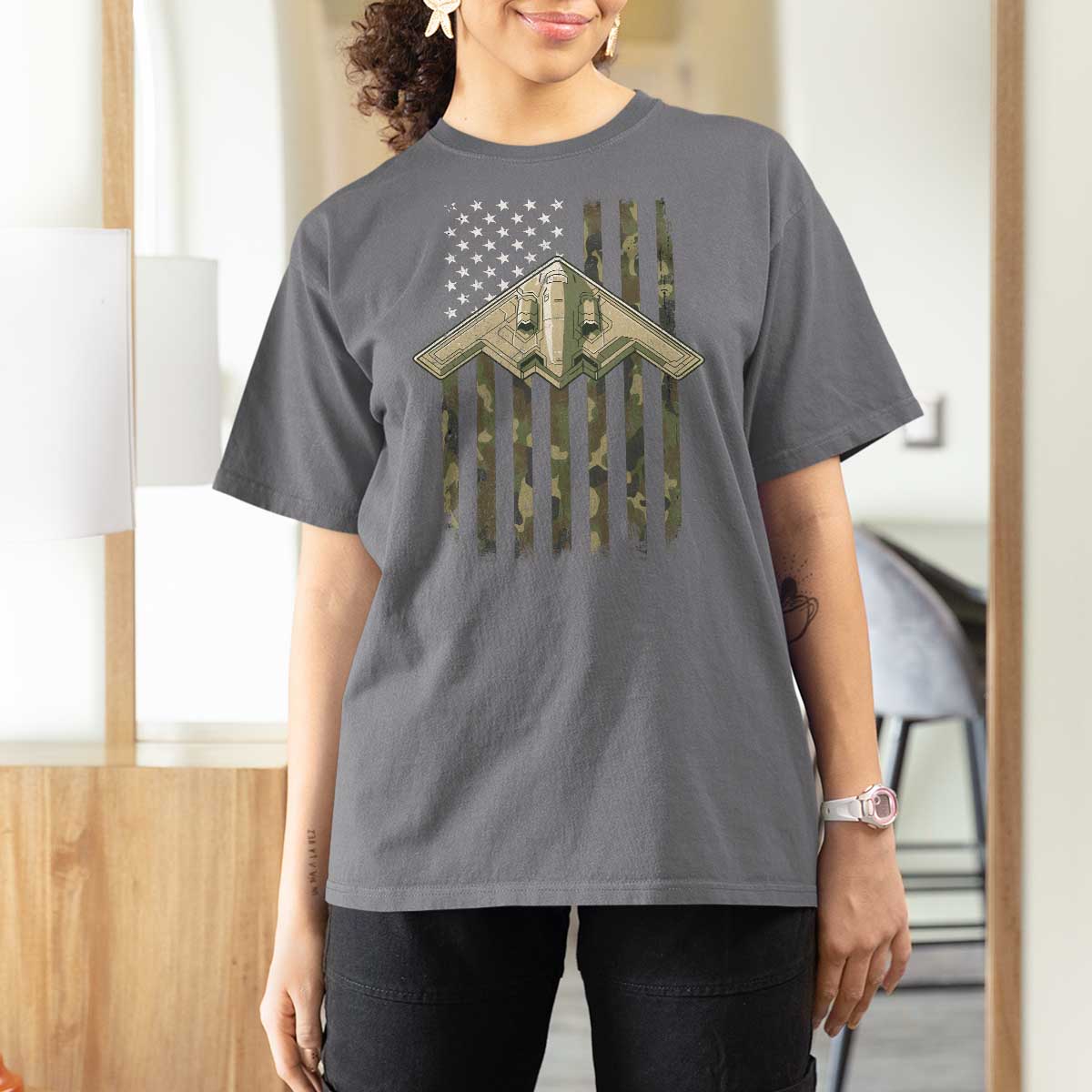 Retro Camo B2 Spirit T Shirt For Women B-2 Bomber Stealth Aircraft Camouflage US Flag Patriotic - Wonder Print Shop