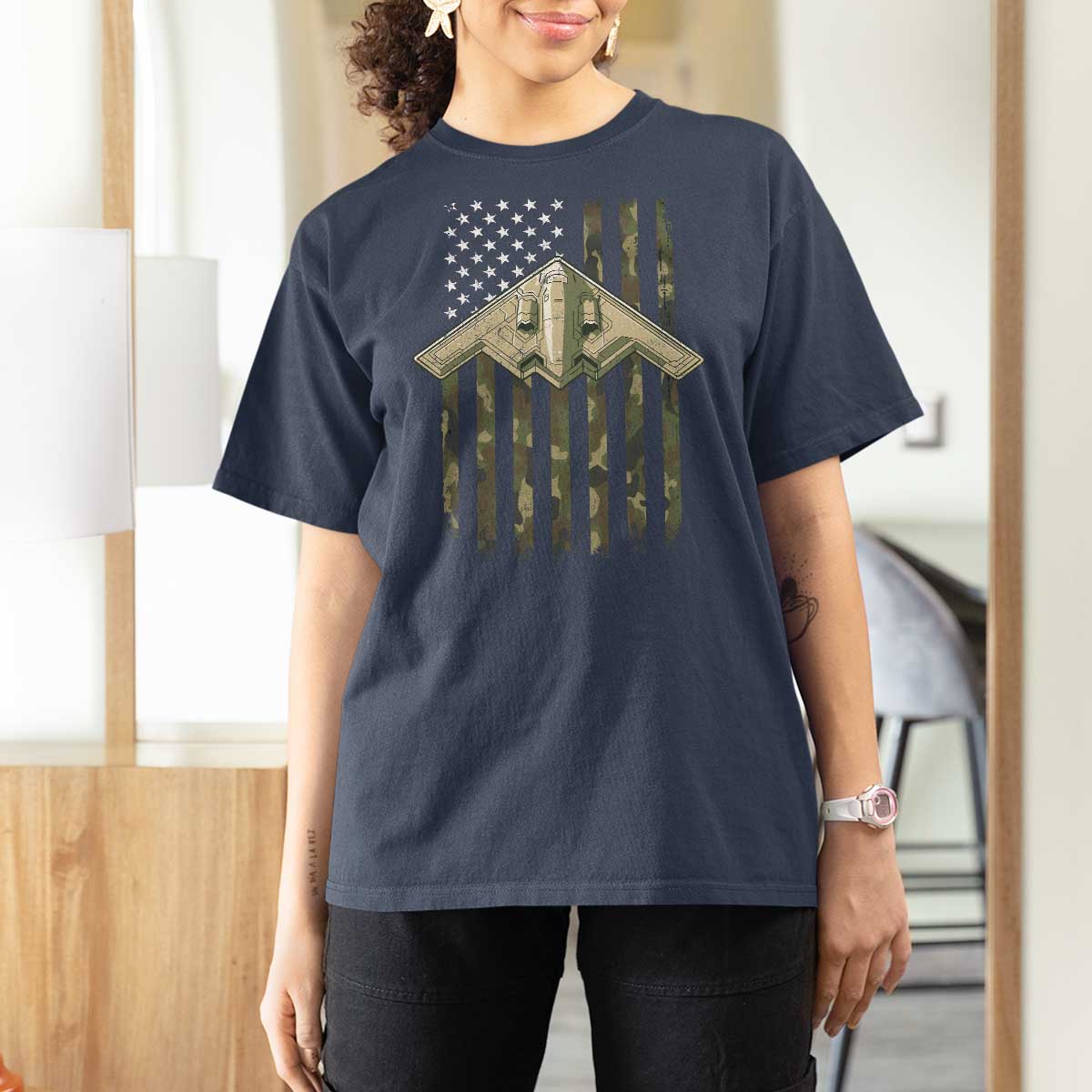 Retro Camo B2 Spirit T Shirt For Women B-2 Bomber Stealth Aircraft Camouflage US Flag Patriotic - Wonder Print Shop