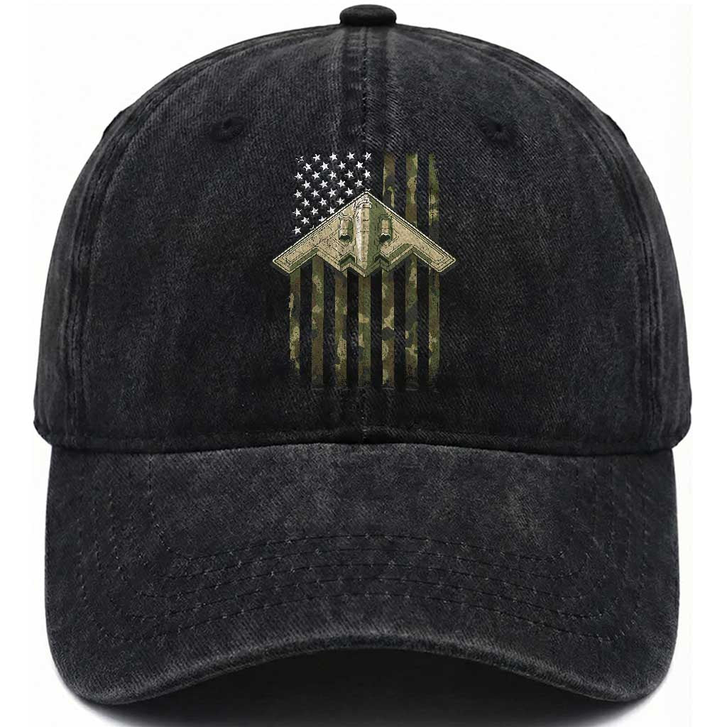 Retro Camo B2 Spirit Washed Cotton Baseball Cap B-2 Bomber Stealth Aircraft Camouflage US Flag Patriotic