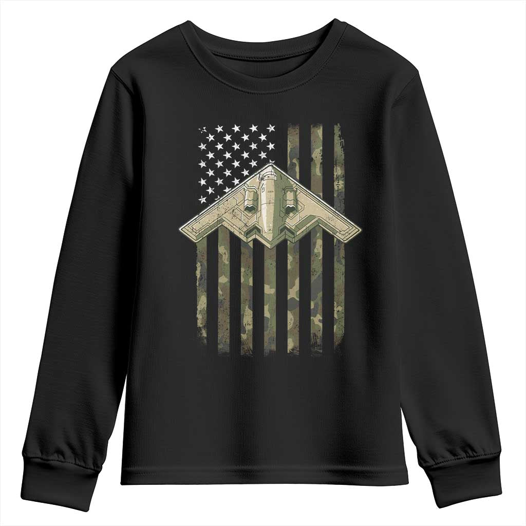 Retro Camo B2 Spirit Youth Sweatshirt B-2 Bomber Stealth Aircraft Camouflage US Flag Patriotic - Wonder Print Shop