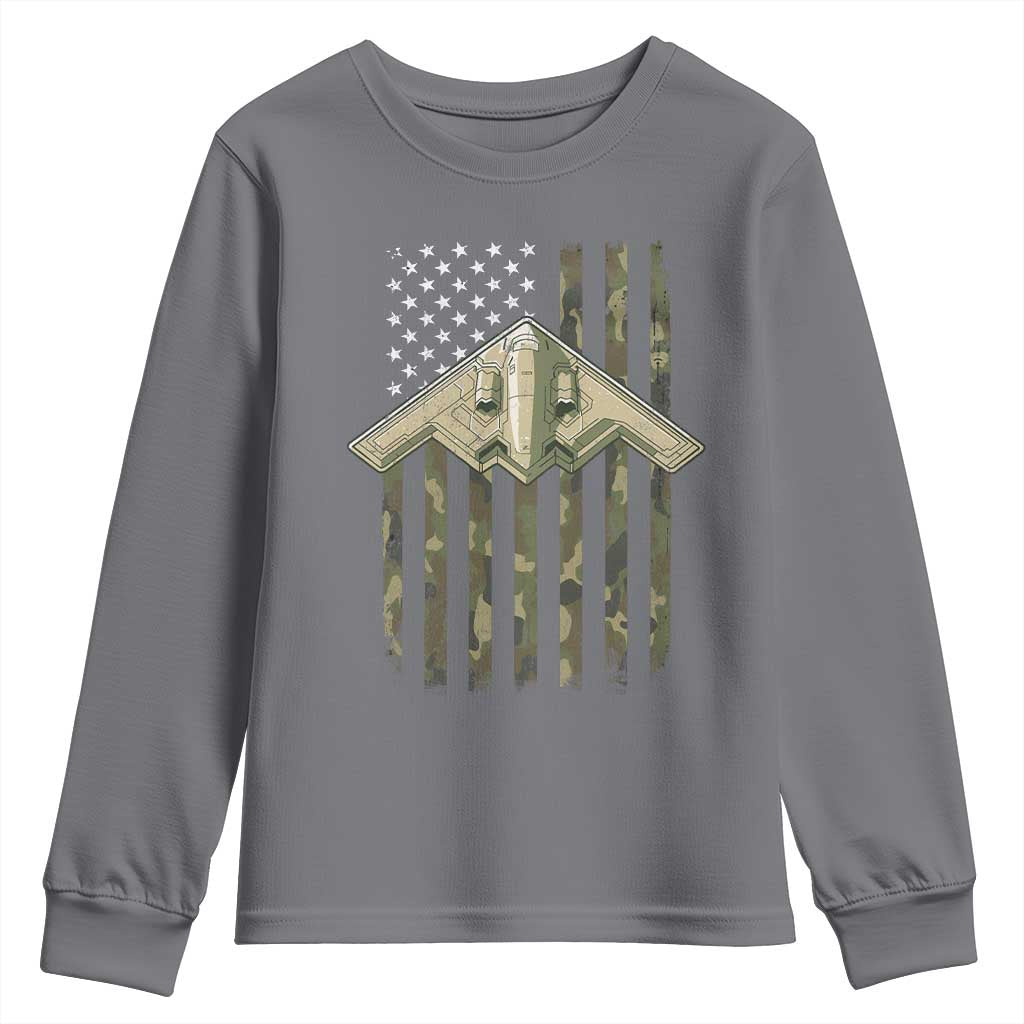 Retro Camo B2 Spirit Youth Sweatshirt B-2 Bomber Stealth Aircraft Camouflage US Flag Patriotic - Wonder Print Shop