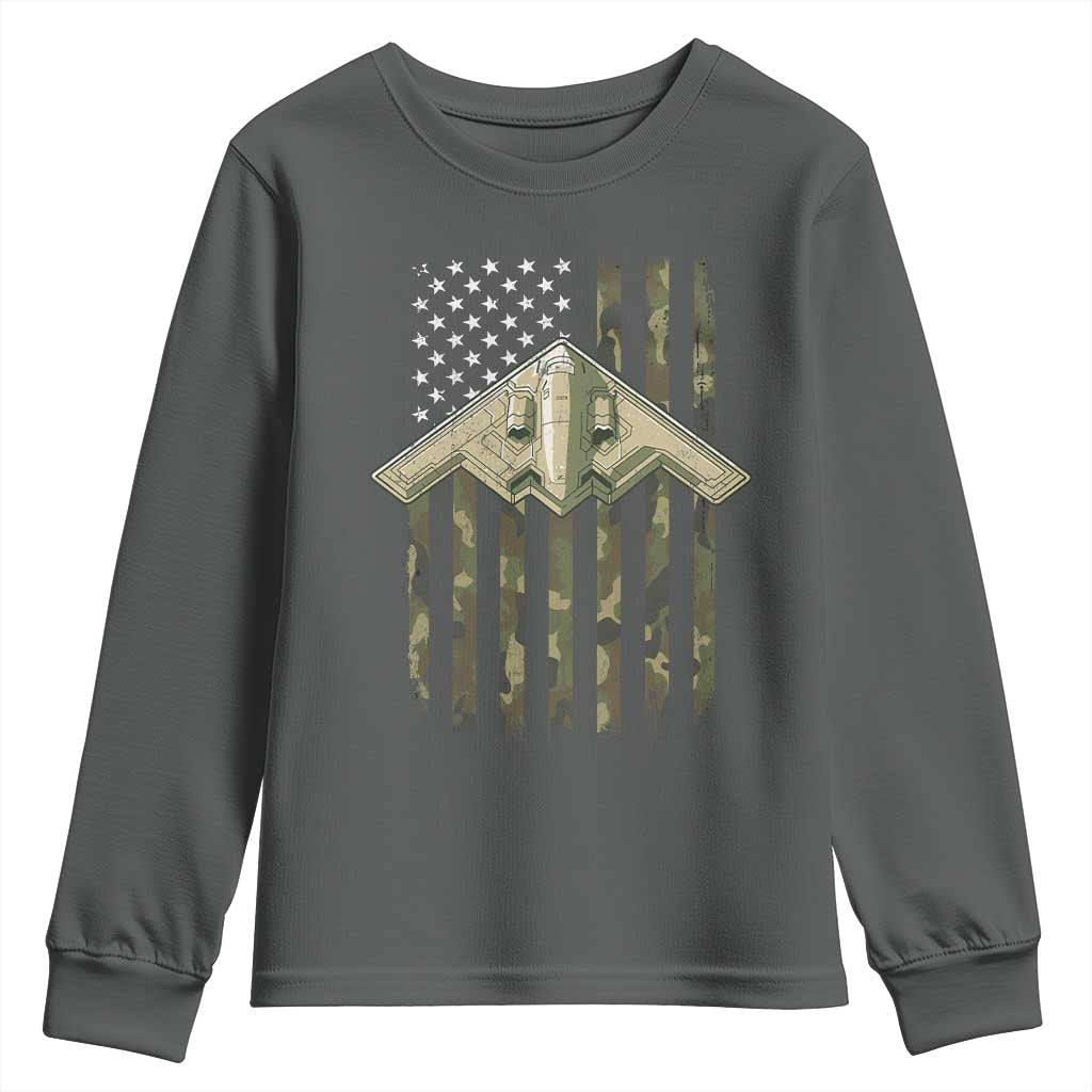 Retro Camo B2 Spirit Youth Sweatshirt B-2 Bomber Stealth Aircraft Camouflage US Flag Patriotic - Wonder Print Shop