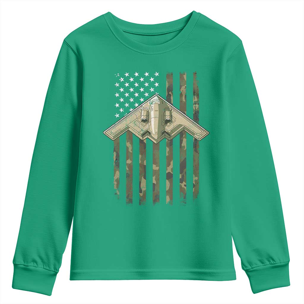 Retro Camo B2 Spirit Youth Sweatshirt B-2 Bomber Stealth Aircraft Camouflage US Flag Patriotic - Wonder Print Shop