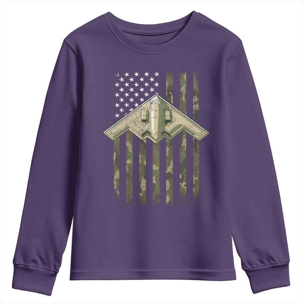 Retro Camo B2 Spirit Youth Sweatshirt B-2 Bomber Stealth Aircraft Camouflage US Flag Patriotic - Wonder Print Shop