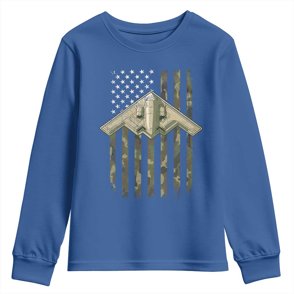Retro Camo B2 Spirit Youth Sweatshirt B-2 Bomber Stealth Aircraft Camouflage US Flag Patriotic - Wonder Print Shop