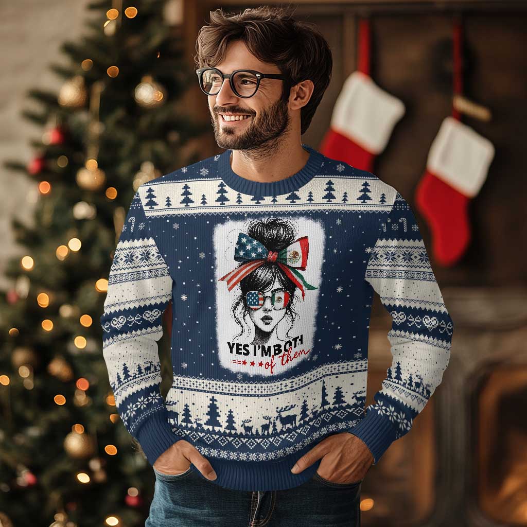 American Mexican Roots Ugly Christmas Sweater Messy Bun Mexico America Half American Flag - Wonder Print Shop