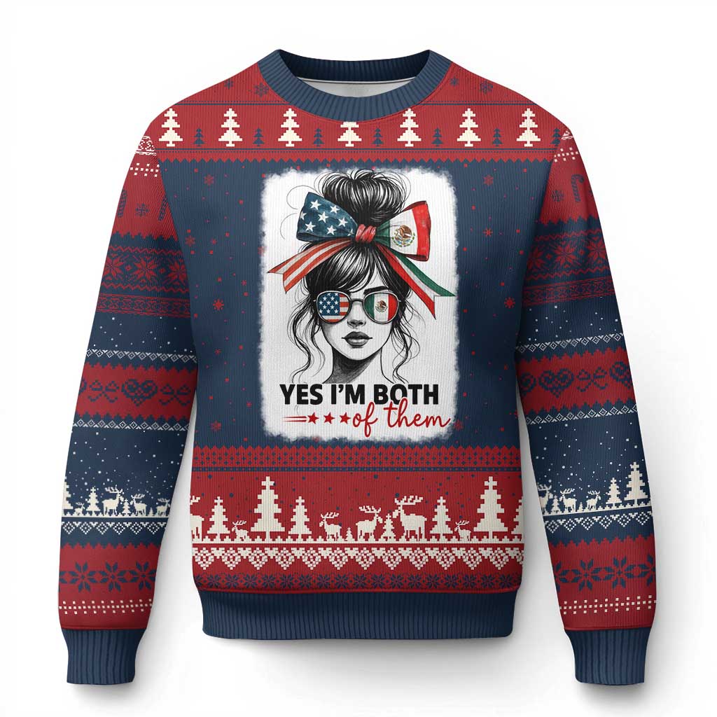 American Mexican Roots Ugly Christmas Sweater Messy Bun Mexico America Half American Flag - Wonder Print Shop