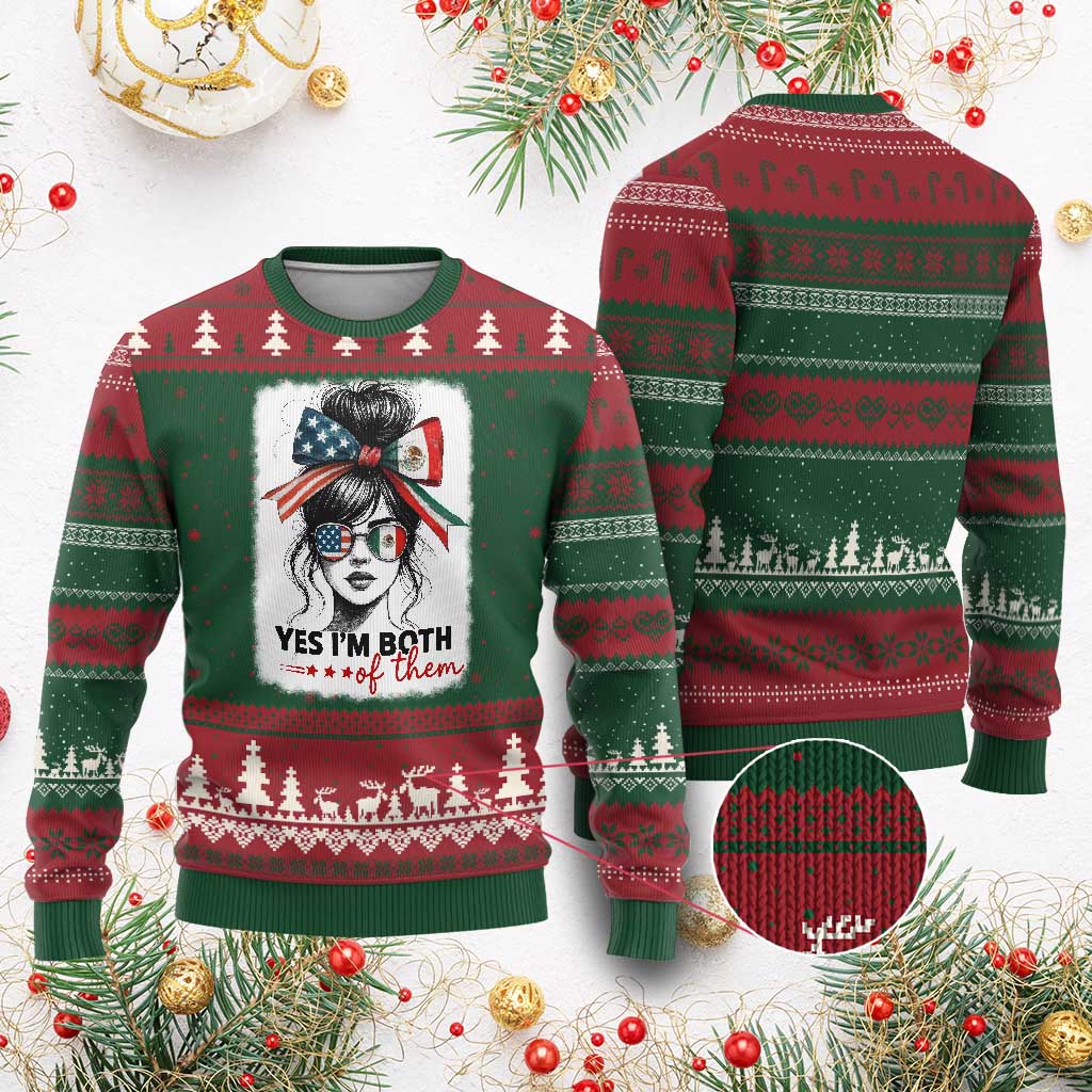 American Mexican Roots Ugly Christmas Sweater Messy Bun Mexico America Half American Flag - Wonder Print Shop