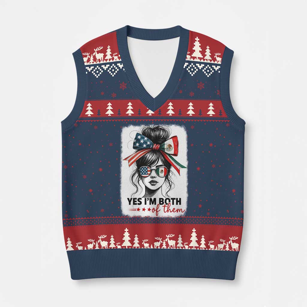 American Mexican Roots V-Neck Knit Sweater Vest Messy Bun Mexico America Half American Flag - Wonder Print Shop