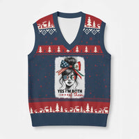 American Mexican Roots V-Neck Knit Sweater Vest Messy Bun Mexico America Half American Flag - Wonder Print Shop