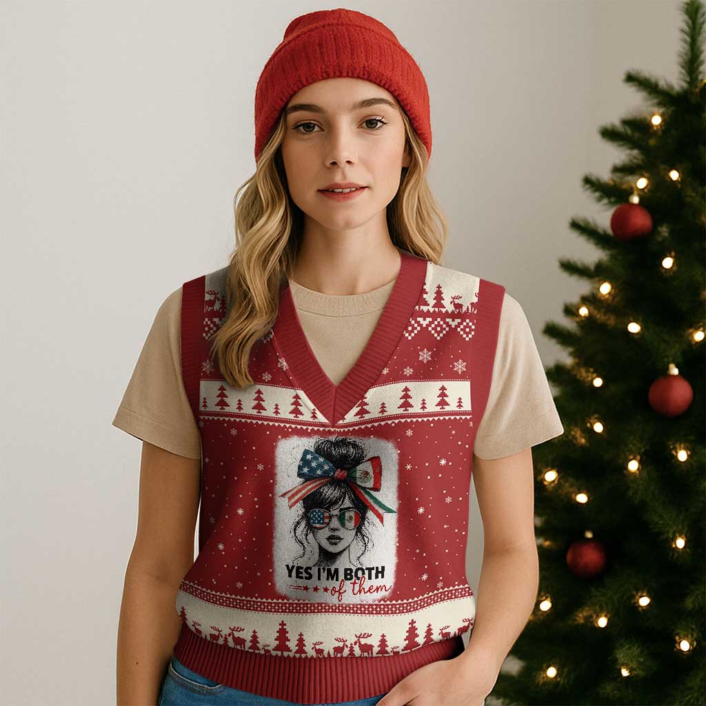 American Mexican Roots V-Neck Knit Sweater Vest Messy Bun Mexico America Half American Flag - Wonder Print Shop